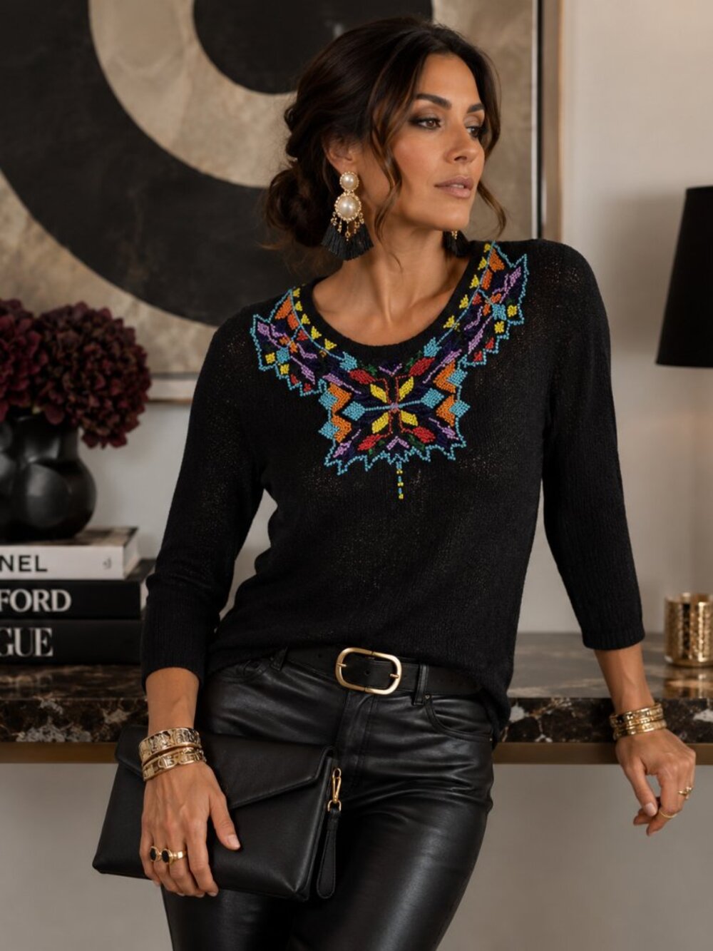 Berek Artwear Women's Top M Black Sea Bead Beaded Cotton Blend Statement Chic